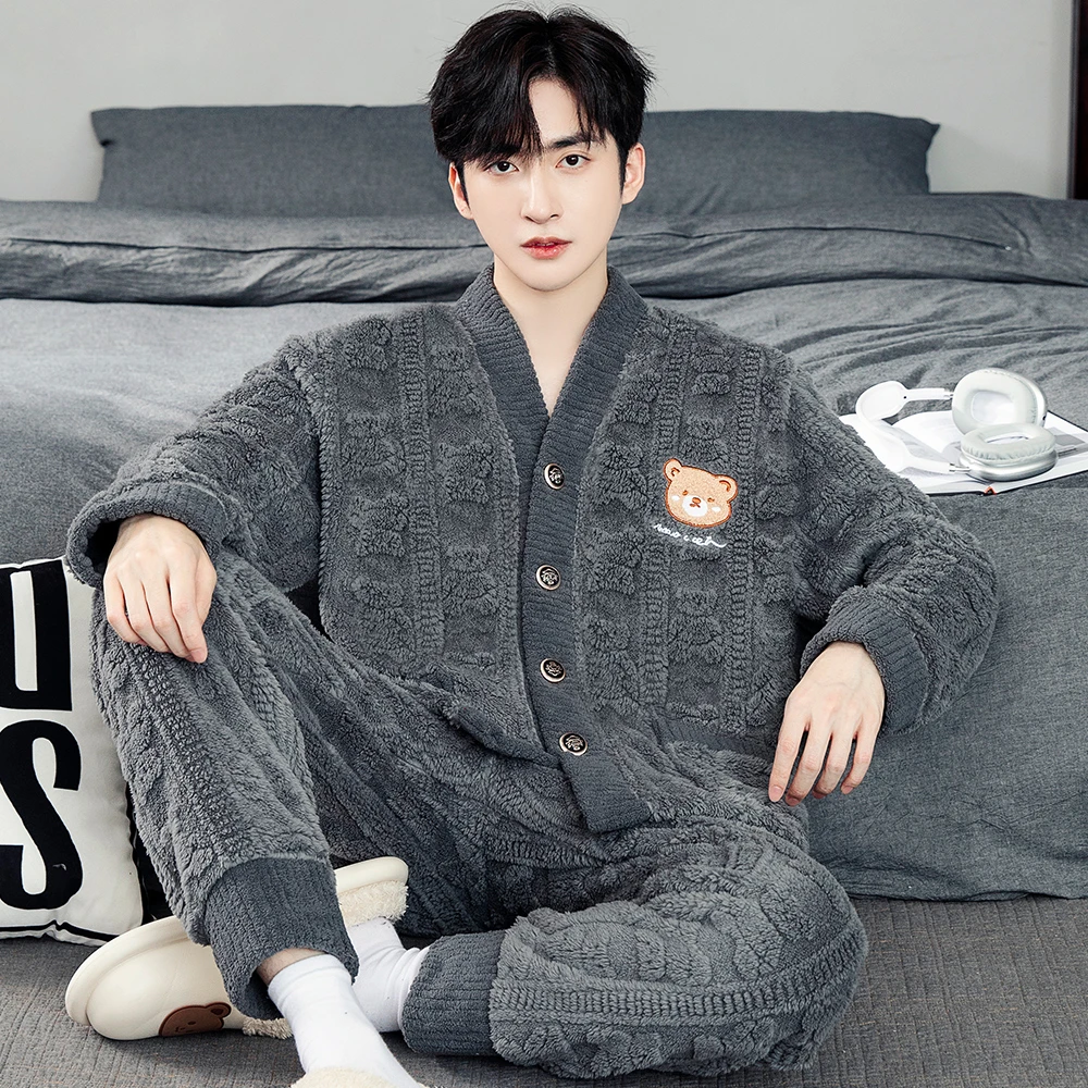 睡衣男士秋冬季加绒加厚法兰绒套装珊瑚家居服开衫冬天保暖冬装