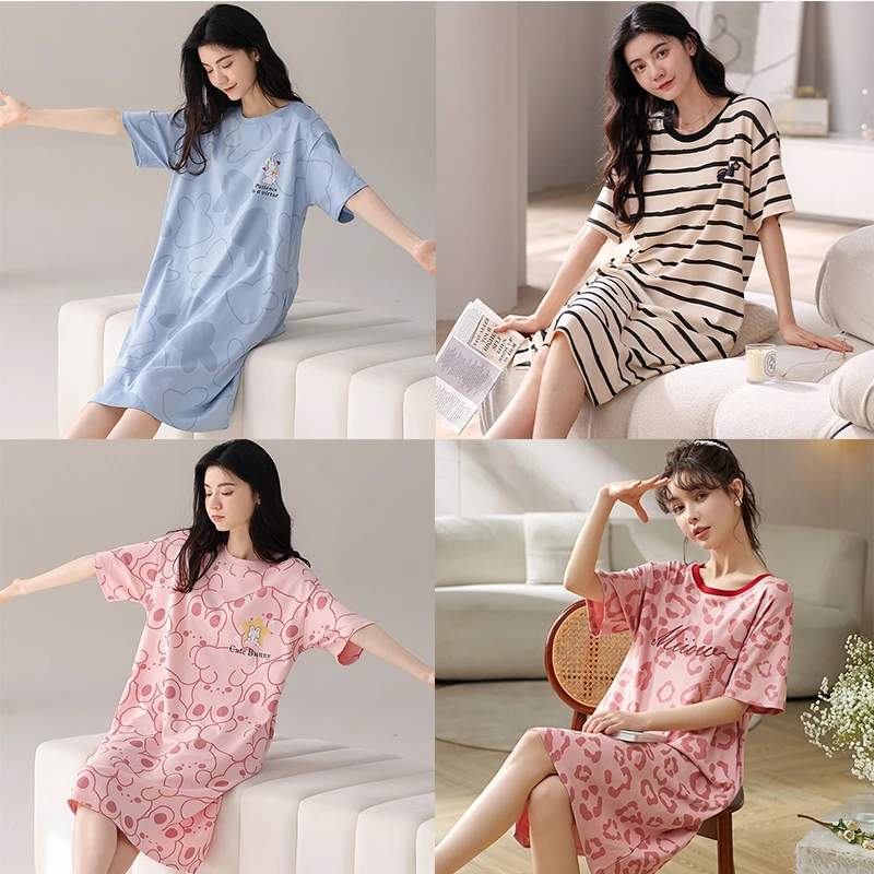 猫人2024夏季纯棉女士薄款睡衣女中长款可外穿时尚宽松大码家居服