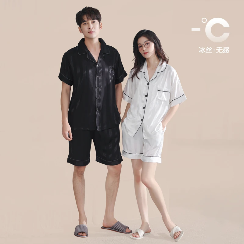 猫人品牌夏季爆款冰丝情侣睡衣短袖短裤套装2024新款可外穿家居服