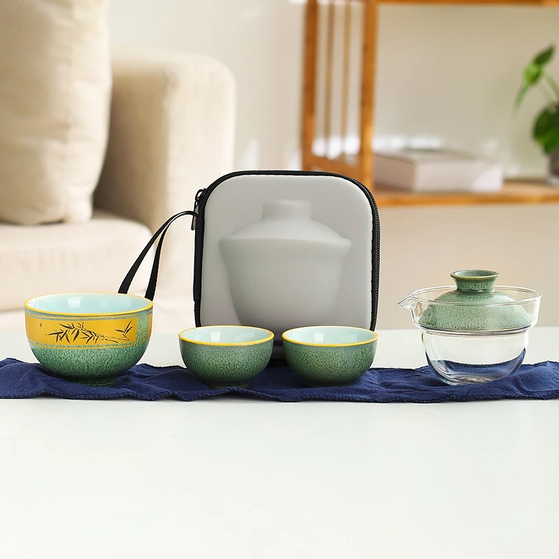 旅行茶具快客杯套装功夫一壶三杯办公杯车载户外便携式粗陶茶具