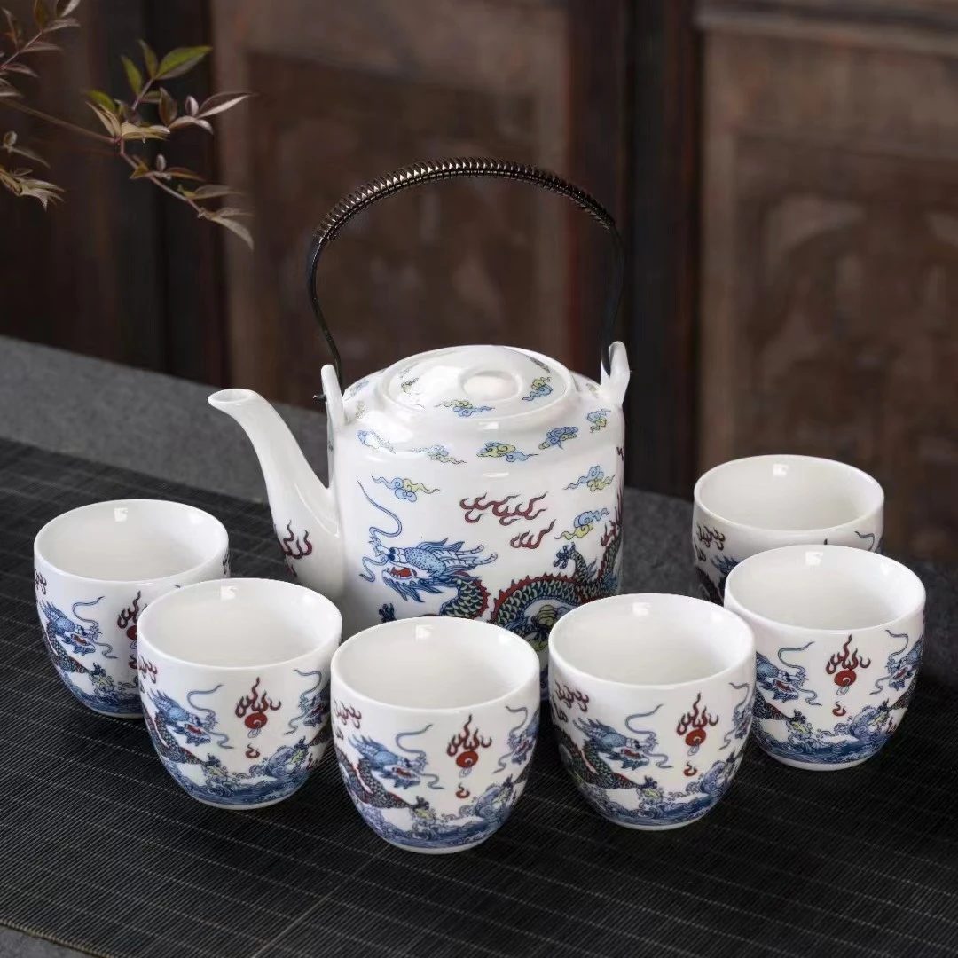 陶瓷茶壶茶具套装家用青花瓷精美中式大容量冷水壶凉水壶提梁壶