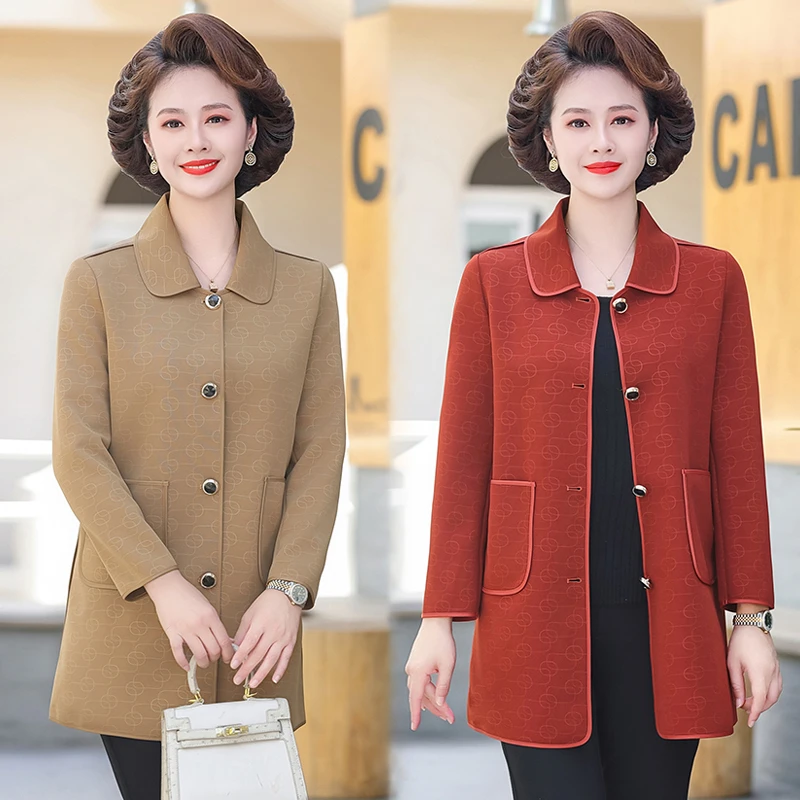 妈妈春装风衣中长新款洋气高贵纯色上衣中老年女装春秋贵妇人外套
