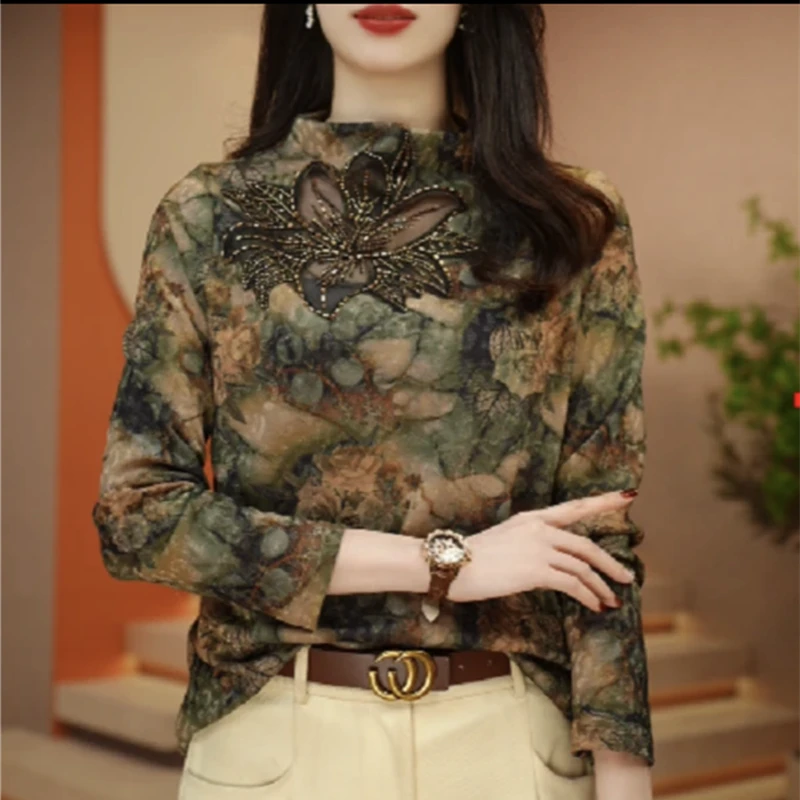 秋季妈妈装打底衫气质时尚印花百搭国风半高领复古提花T恤长袖