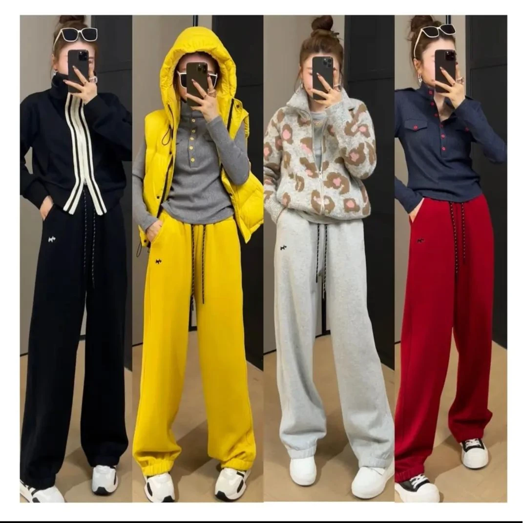 【可阔腿可束脚】加绒加厚发财小狗抽绳阔腿卫裤女冬加厚宽松直筒裤