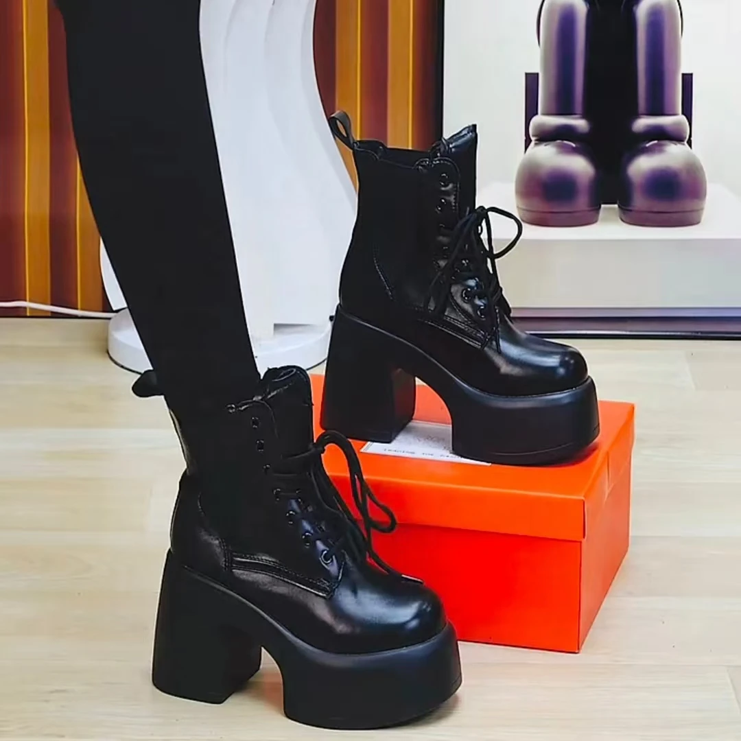 小个子增高厚底马丁靴2024秋冬新款潮流厚底系带加绒保暖外穿短靴