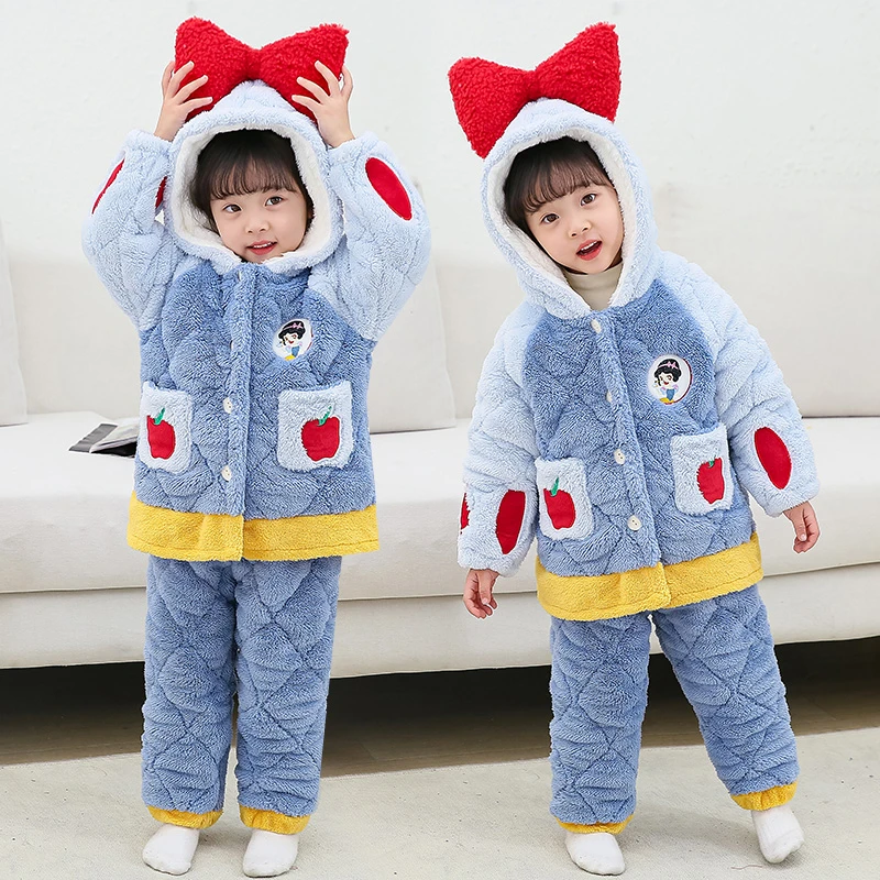 「三层夹棉加厚」儿童睡衣女童冬季珊瑚绒可爱中小童女孩套装家居服