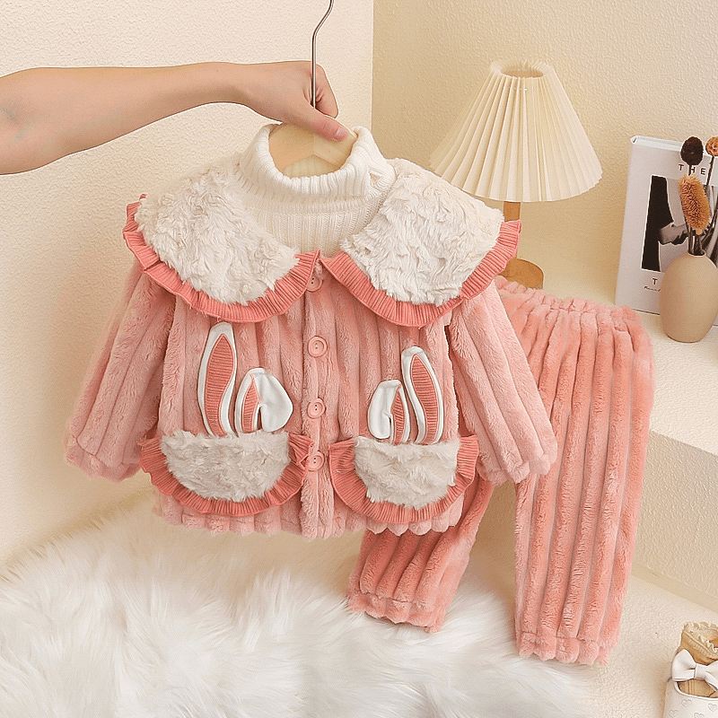 公主兔耳朵粉色睡衣女宝秋冬季加厚保暖珊瑚绒法兰绒家居服套装