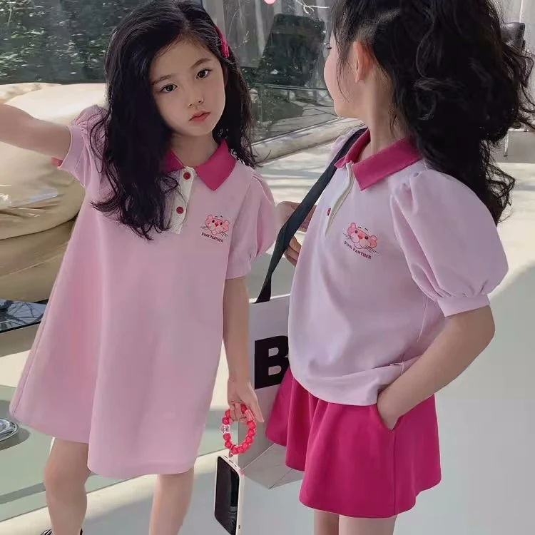 女童装夏季新款撞色Polo领连衣裙短袖上衣休闲中小童顽皮豹套装H