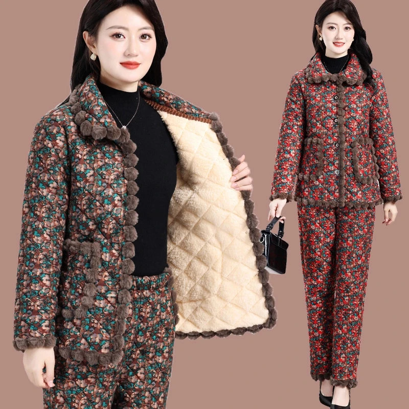 妈妈冬装加绒加厚棉衣棉裤睡衣中老年人女碎花棉服保暖棉袄两件套