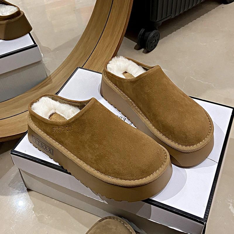 秋冬百搭厚底一脚蹬勃肯鞋加绒加棉保暖松糕底复古休闲半拖鞋棉拖