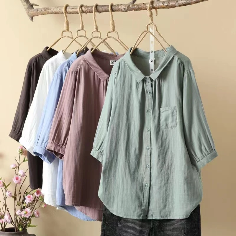 2024夏季新款纯棉宽松中袖衬衫休闲文艺百搭显瘦衬衣女6318