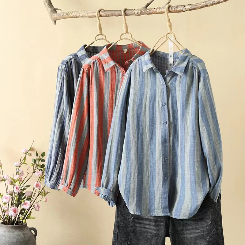 色织棉纱纯棉条纹洋气减龄休闲百搭宽松韩版复古春秋长袖时尚衬衫