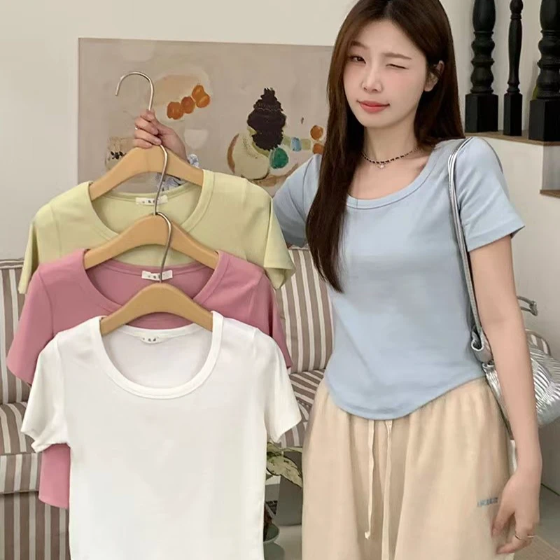 2024夏装新款胖mm时尚百搭显瘦纯欲辣妹风圆领短袖T恤上衣