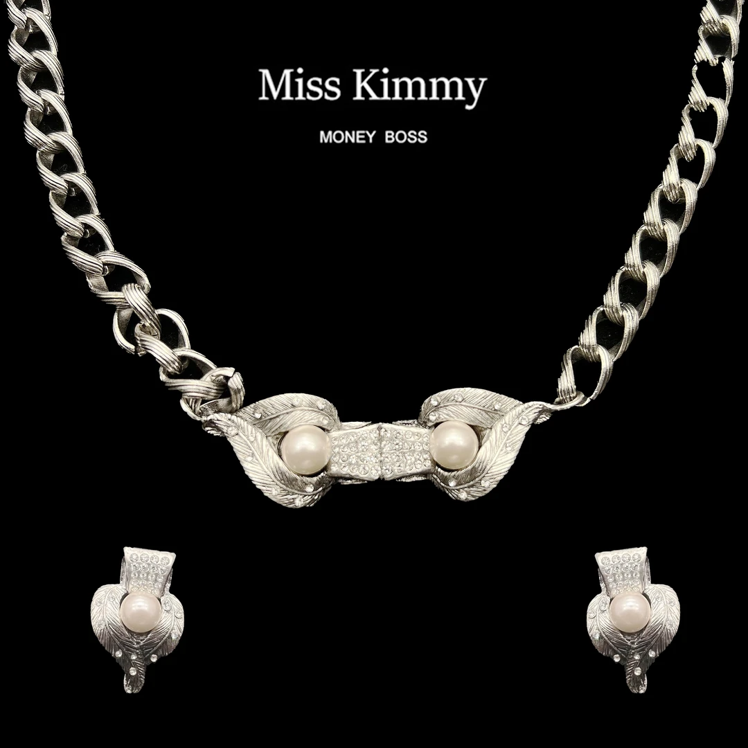 铜合金项链 MissKimmy 白色复古镶嵌满钻银色项链耳钉