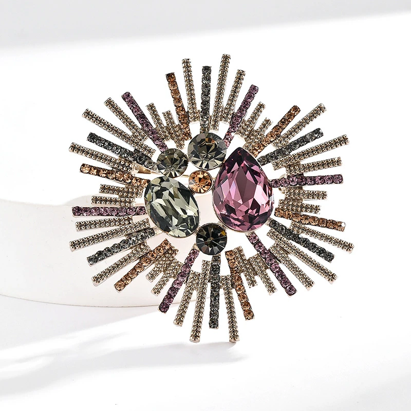 铜合金合成锆石胸针 高档奢华绽放太阳花气质胸针精致防走光胸花