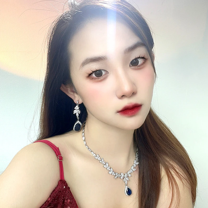铜项链 时尚气质水滴项链新娘婚礼首饰套装ins满钻轻奢锁骨链饰品