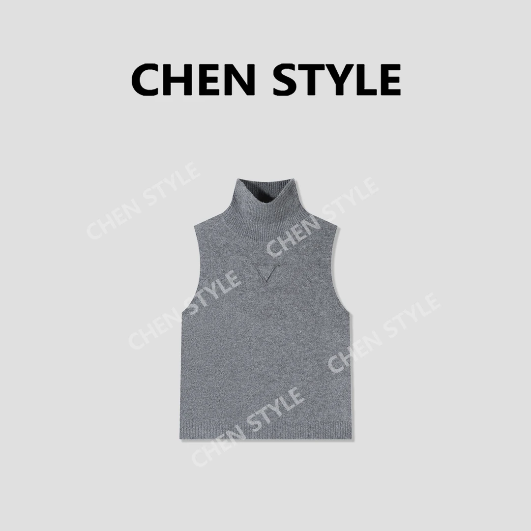 楚楚君~【羊.绒背心】M86947高领无袖三角标净版针织毛衣