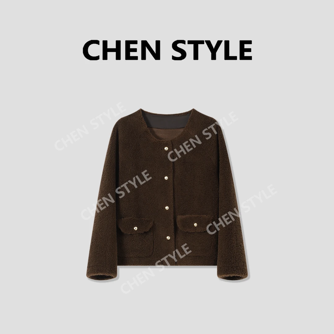 楚楚君~【咖色际遇】WT36928纯色圆领高级感毛绒外套