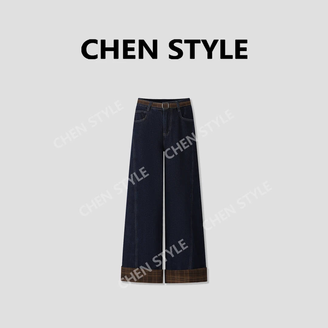 楚楚君~【宝藏裤】K80201加厚设计感拼格直筒牛仔裤（可两穿）