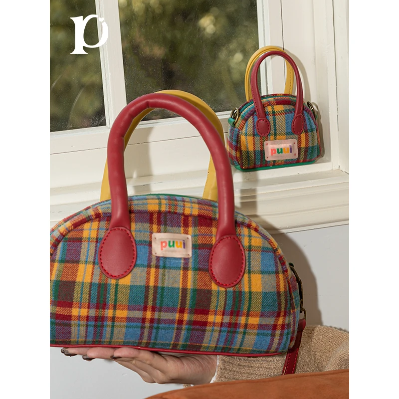 Puui原创耳机包零钱包格子百搭复古斜挎包小众格纹肩包-落日红泥