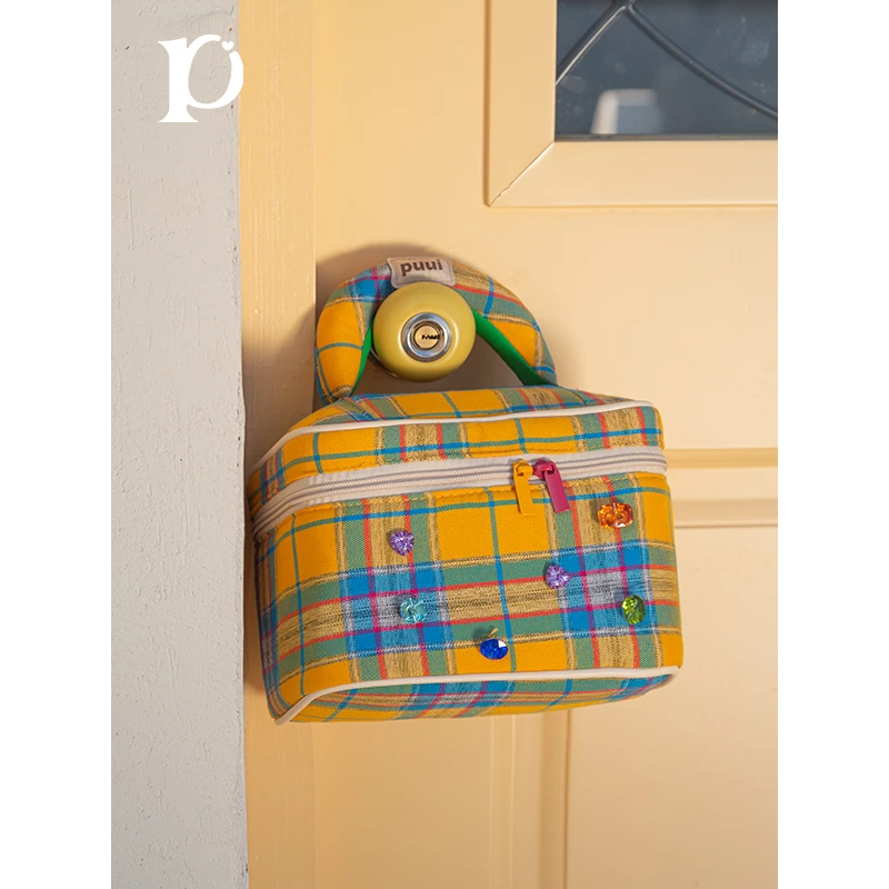 Puui原创化妆包便携式大容量宝石格纹收纳包高级感旅行洗漱包