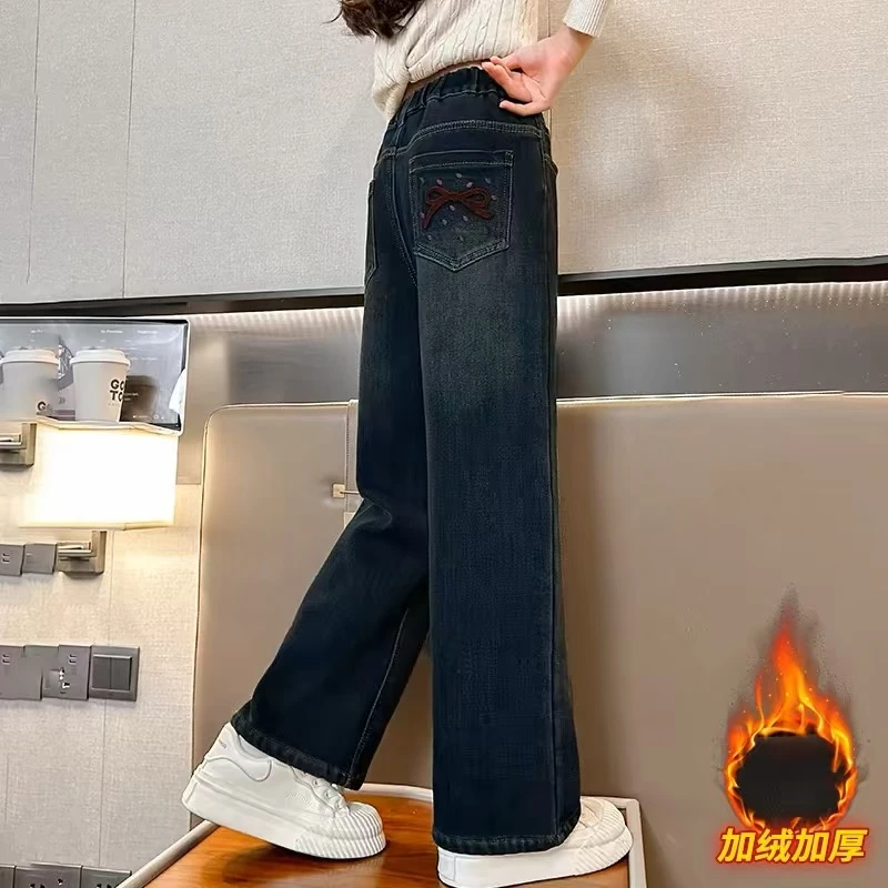 女童加绒裤子秋冬外穿2024新款大童牛仔裤加厚直筒长裤儿童阔腿裤