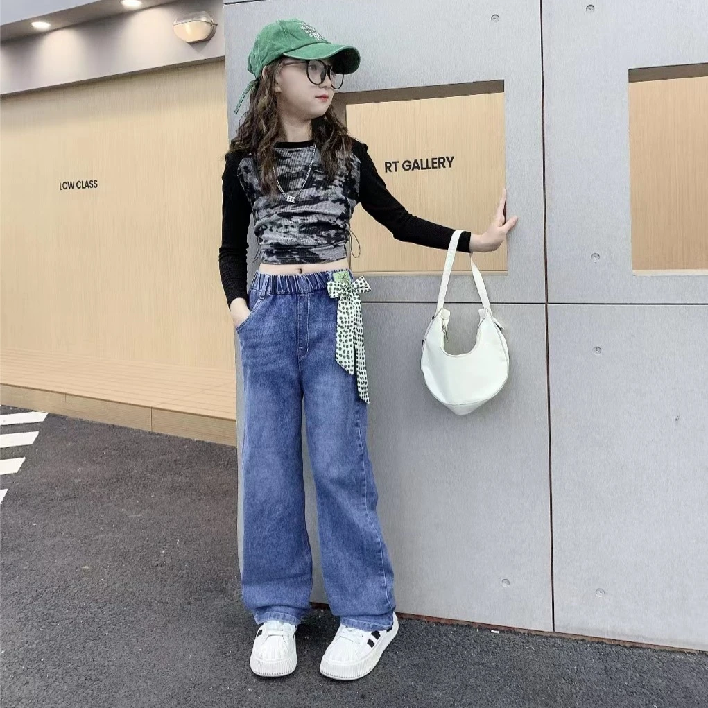 女童牛仔裤秋季新款中大儿童直筒裤女孩春秋夏装薄款阔腿裤子外穿