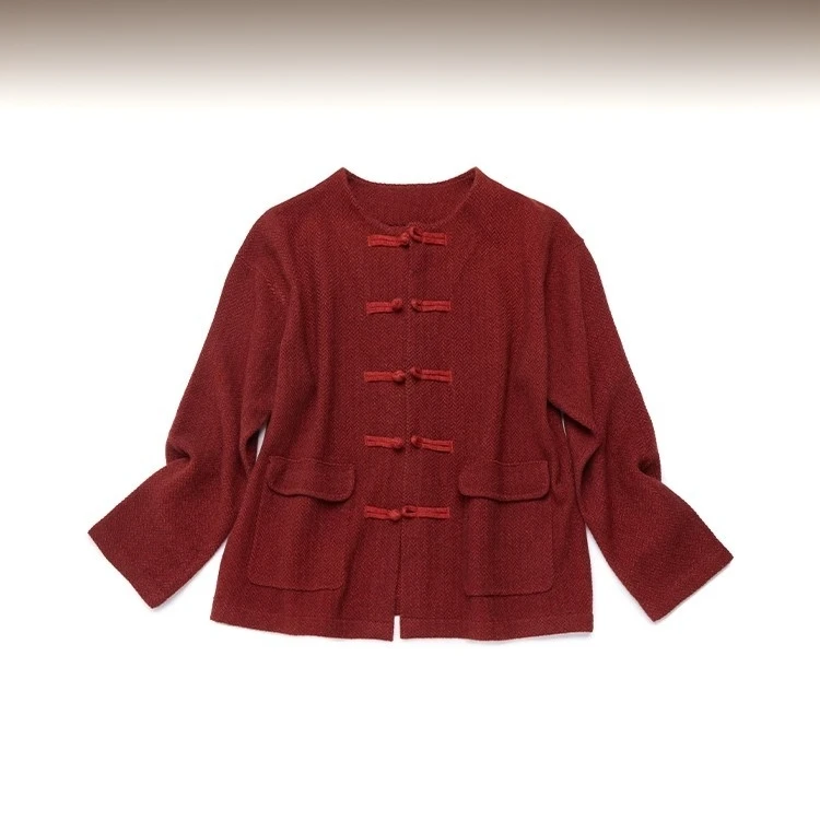 花田无事 新中式盘扣羊绒开衫 早春人字纹外套