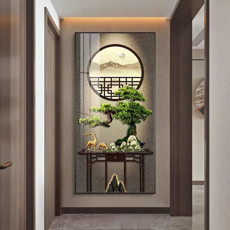 迎客松玄关LED灯带装饰画现代寓意好走廊壁画轻奢入户挂画