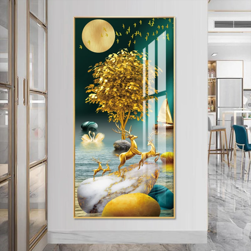 金鹿送福玄关走廊过道装饰画led灯晶瓷镶钻画进门入户正对墙挂画