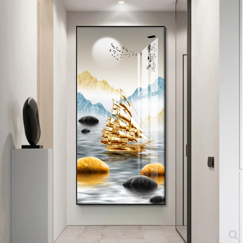 一帆风顺玄关走廊过道装饰画led灯晶瓷镶钻画进门入户正对墙挂画