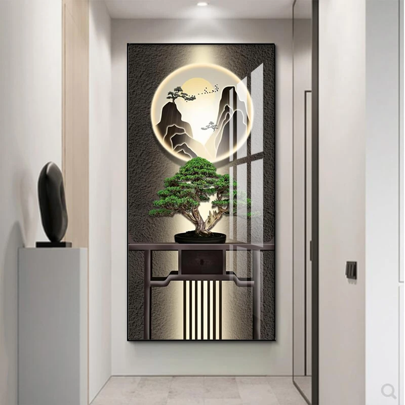 新中式玄关走廊过道装饰画led灯晶瓷镶钻画进门入户正对墙挂画