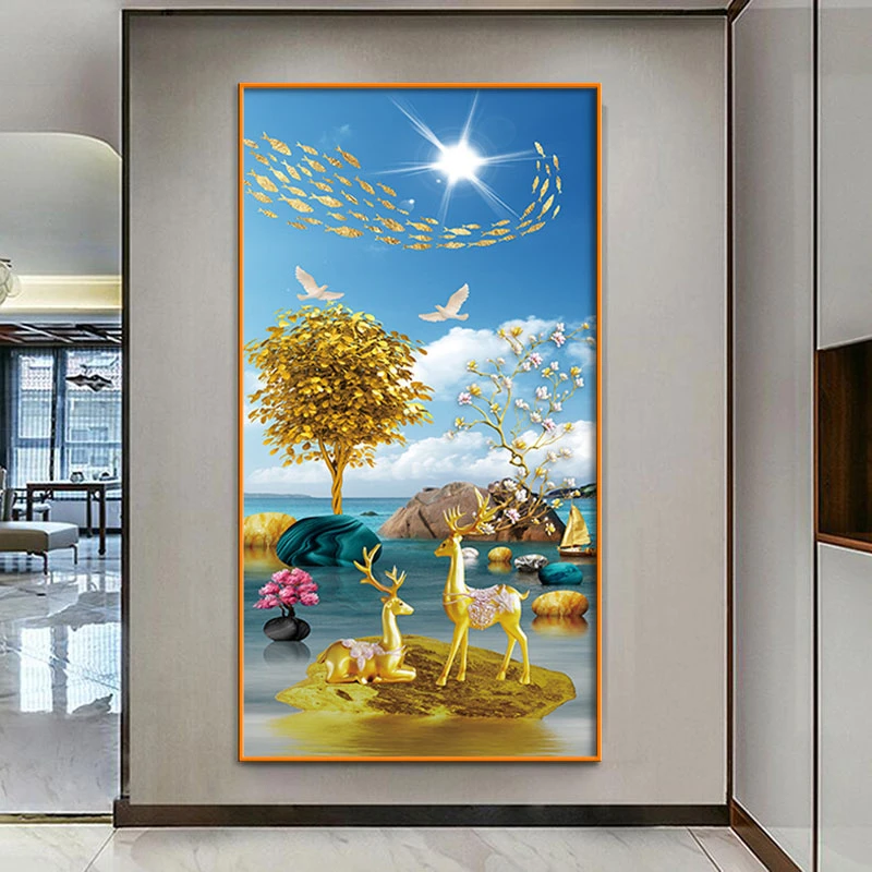 麋鹿招财入户玄关中式走廊过道背景墙挂画餐厅走道装饰画