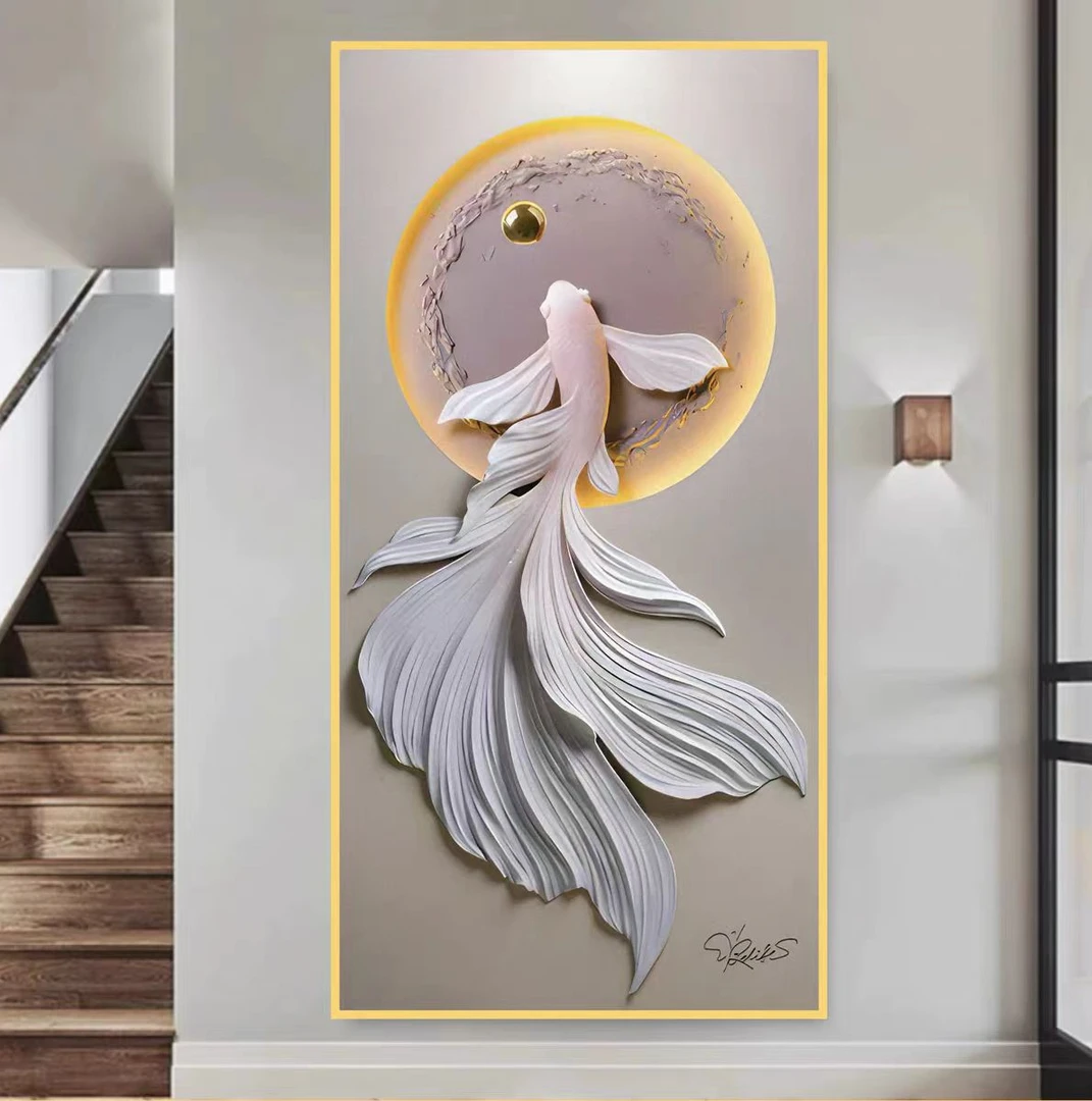 玄关装饰画悠然上游3D锦鲤现代简约高档挂画走廊客厅创意晶瓷画