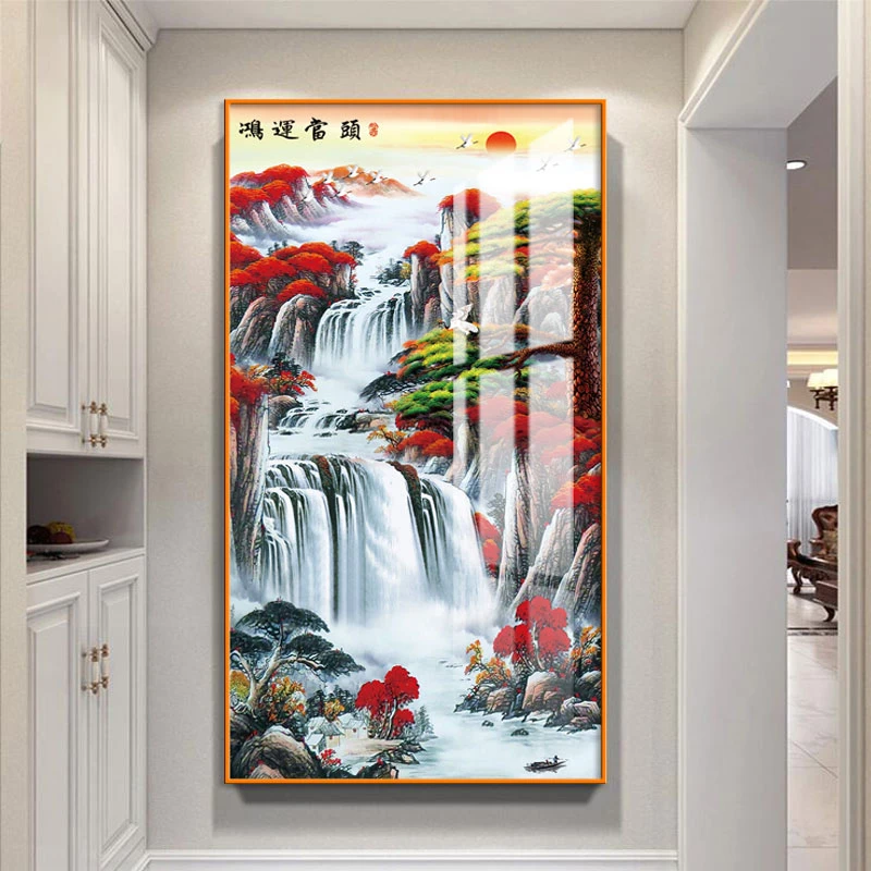鸿运当头玄关走廊过道装饰画led灯晶瓷镶钻画进门入户正对墙挂画