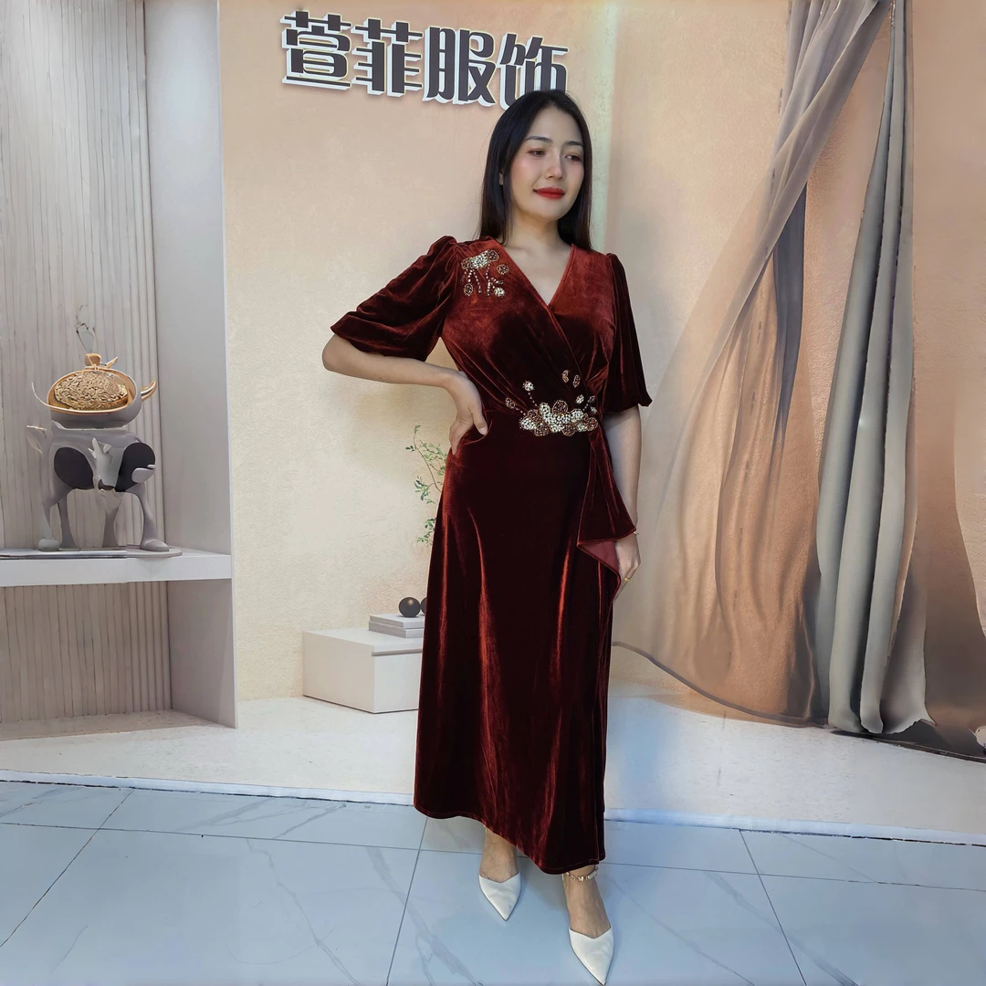 新款0923A手工钉珠款显瘦气质时尚宴会长款连衣裙