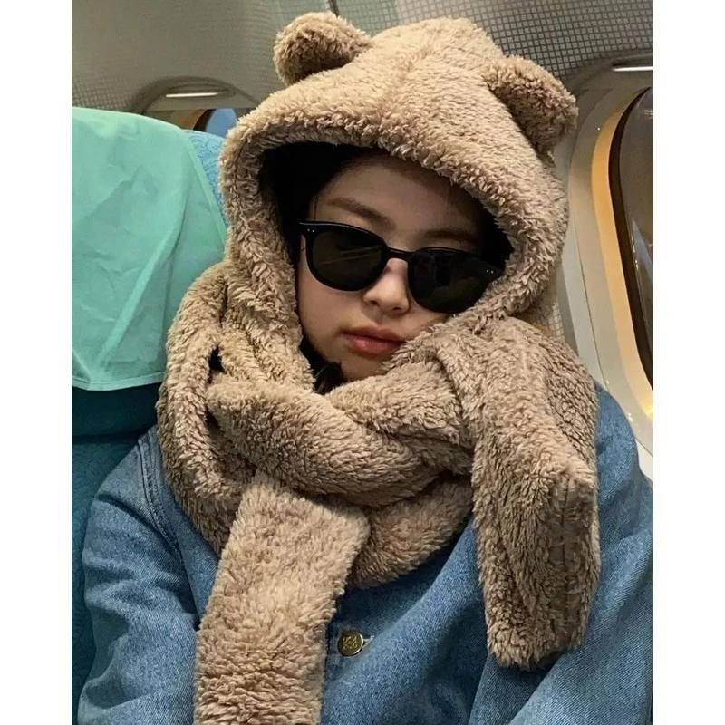 Lonelyheartsclub珍妮jennie赵露思同款毛茸棕色小熊连帽围巾围脖