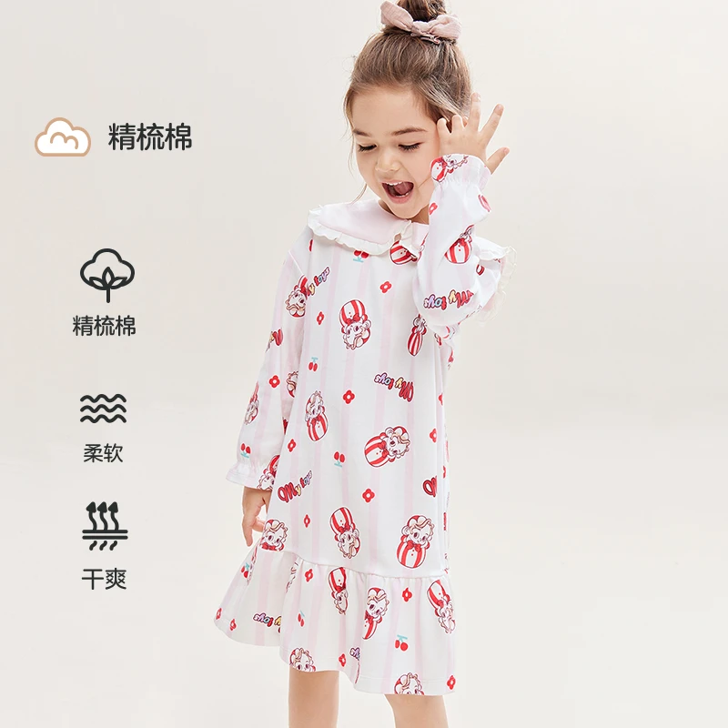 爱慕儿童女童秋冬中长款A类长袖睡衣睡裙 我的小时候时尚童趣印花