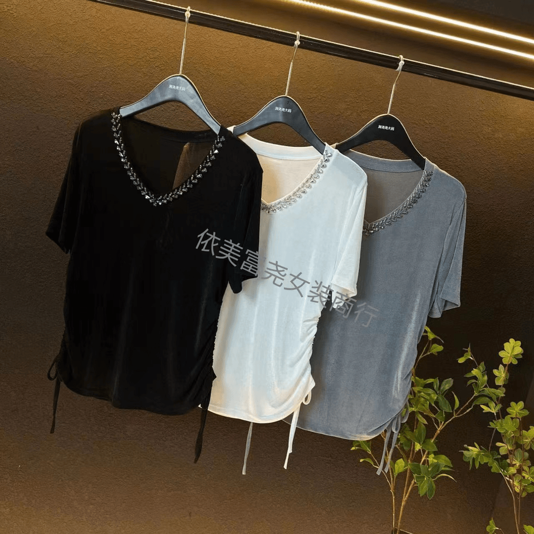 新款百搭v领重工洋气抽绳显瘦半袖上衣/25101