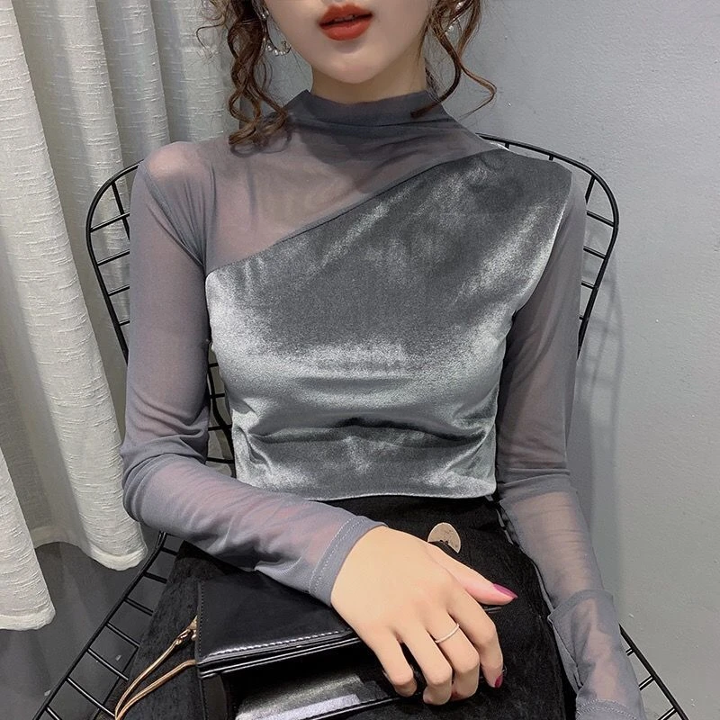 【现货】半高领拼接网纱打底衫女洋气金丝绒内搭长袖上衣女S1007
