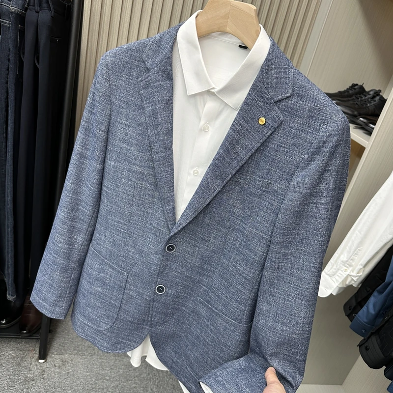 H撤柜男装蓝灰色休闲西服外套男款春秋季商务通勤单西单件上衣