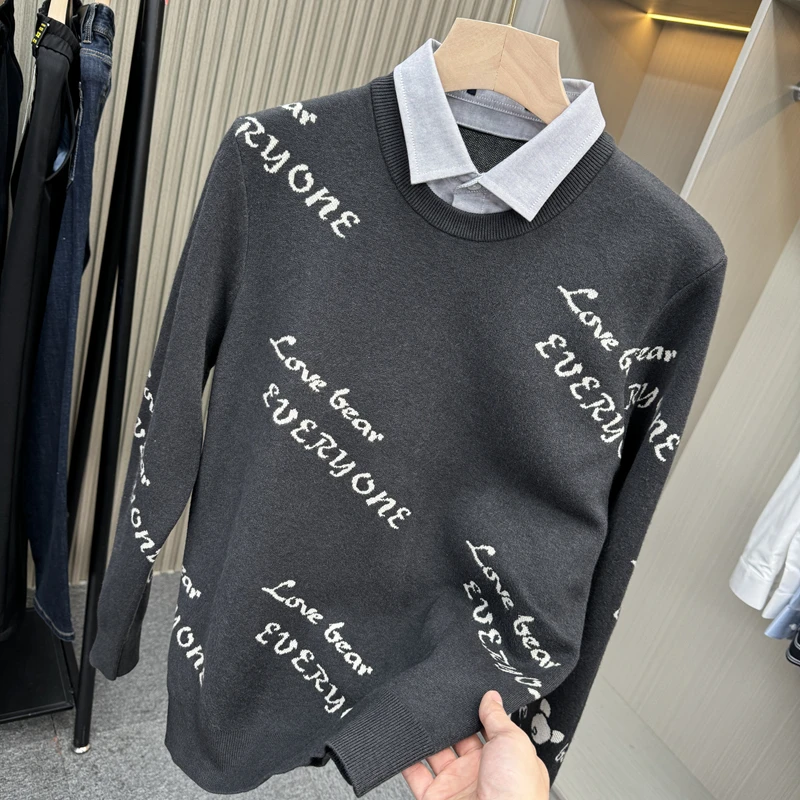 百搭时尚撤柜男装衬衫领假两件毛衣男款秋冬季加厚保暖带领子上衣