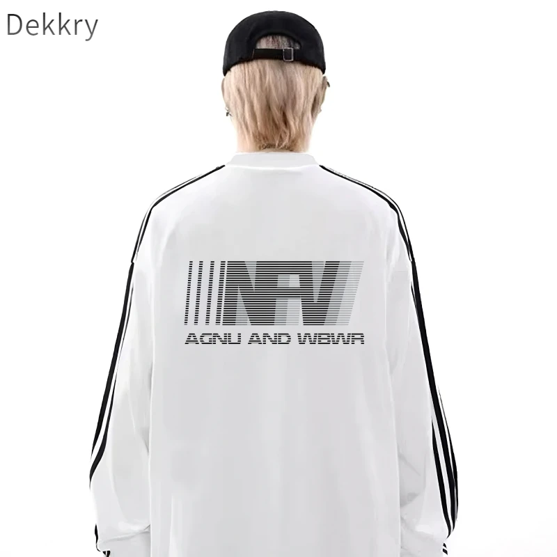 Dekkry美式高街风长袖T恤女宽松拼接圆领上衣春秋运动时尚休闲