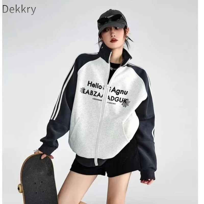 Dekkry美式条纹拼色运动春秋长袖时尚休闲百搭宽松学生韩版情侣