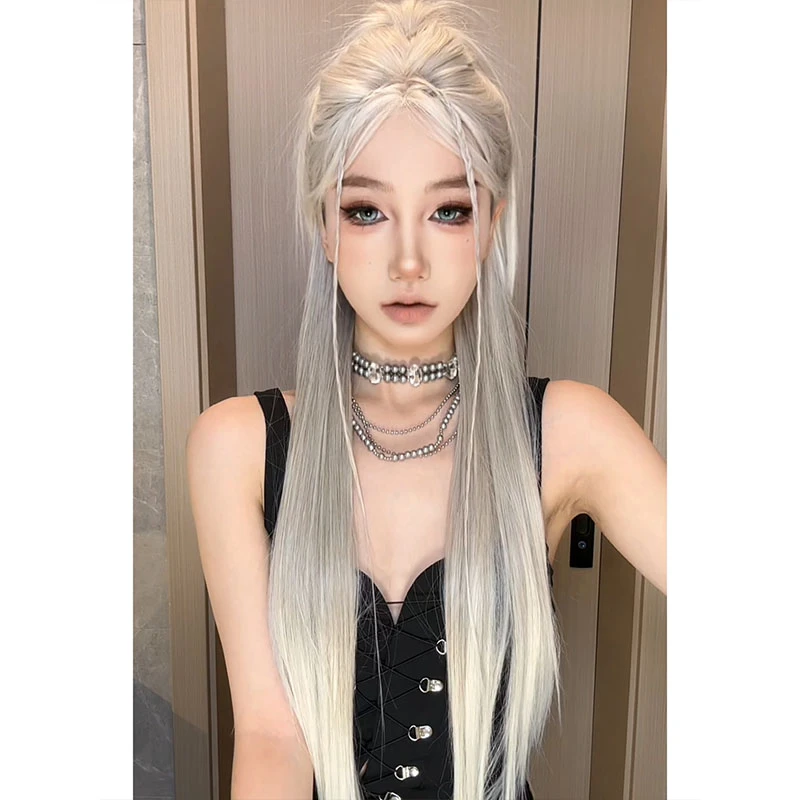 周末-【π•可可灰白】假发女长直发灰白辣妹气质小额蕾丝整顶假发