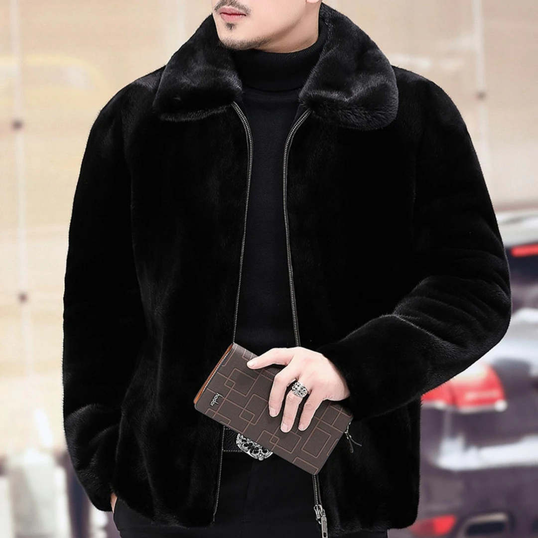 水貂外套拉链男士秋冬休闲方领黑色
