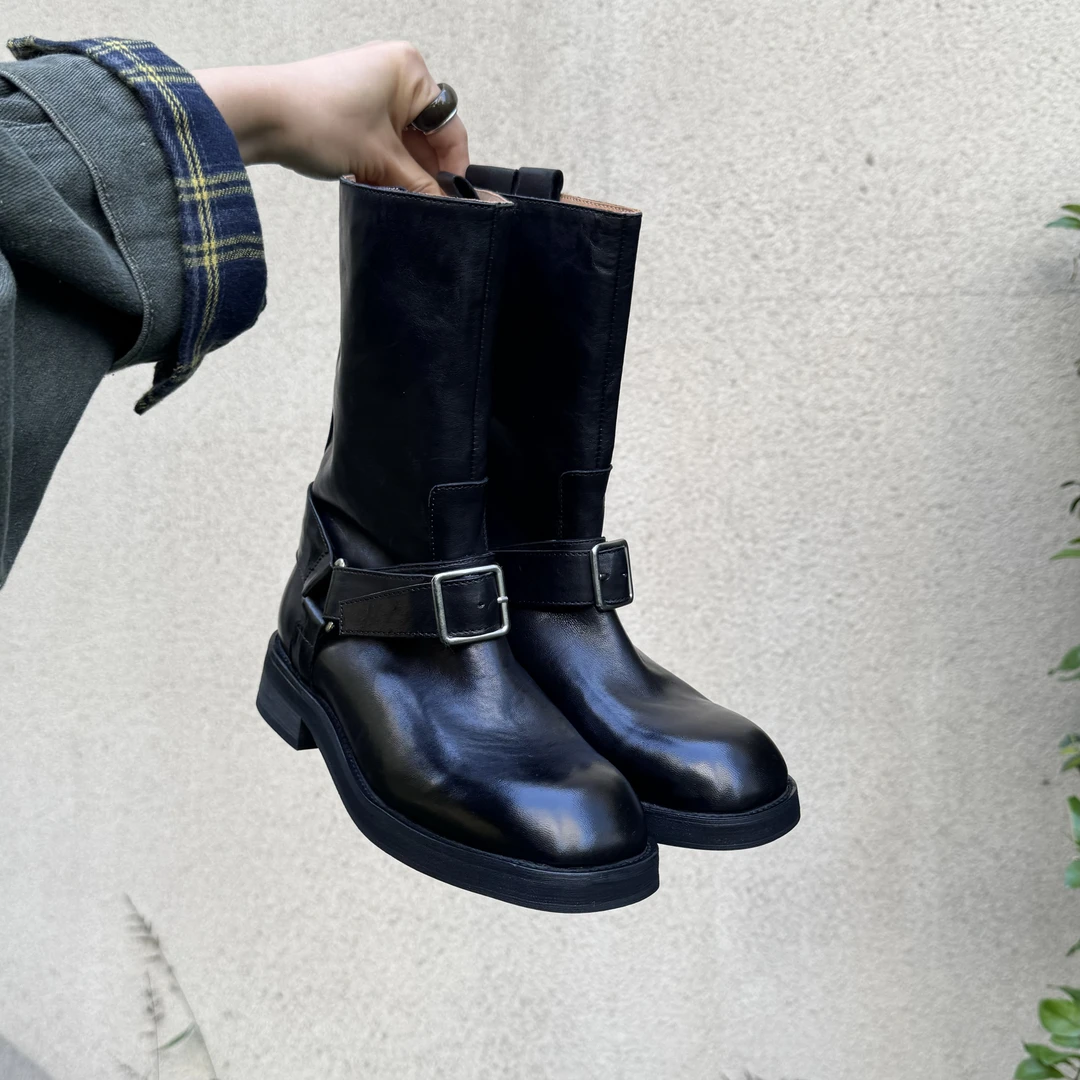 〖金金〗中古款西部堆堆靴粗跟作旧骑士靴一脚蹬5908-1