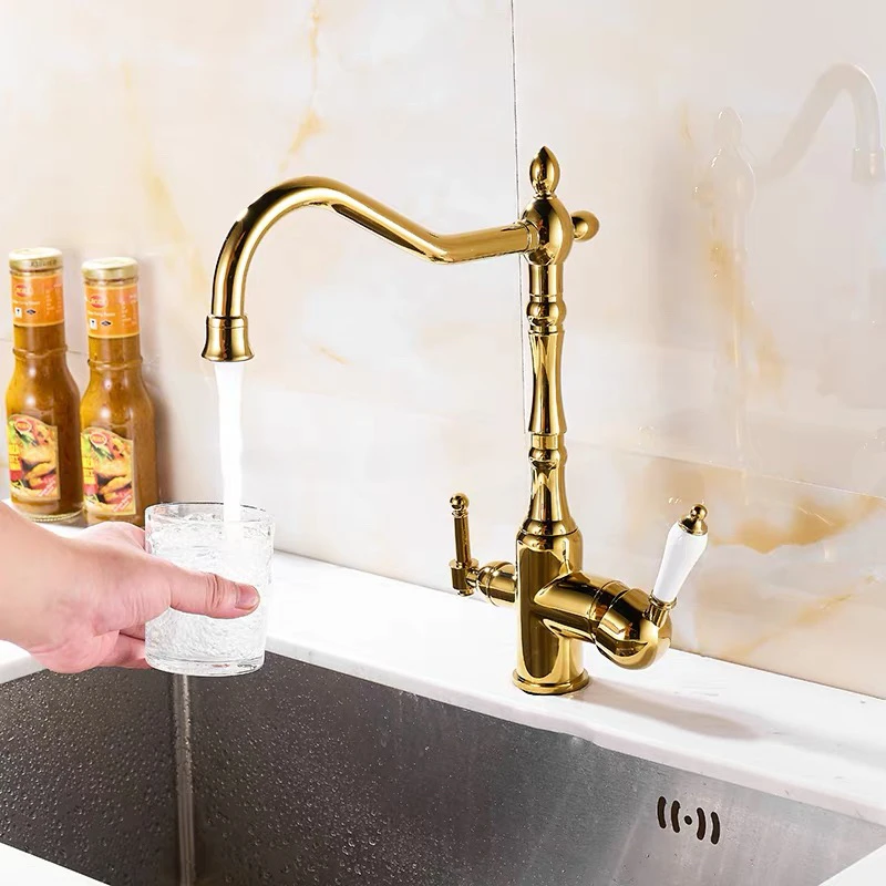 欧式金色厨房水龙头全铜三合一洗菜盆冷热旋转