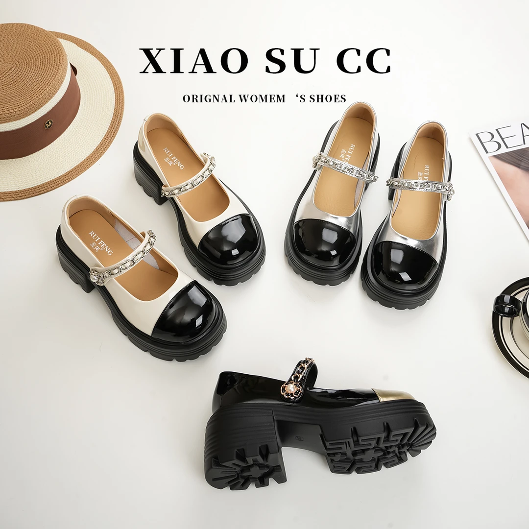 蕊风夏季厚底玛丽珍凉鞋女2024年新款法式圆头时尚粗跟魔术贴单鞋