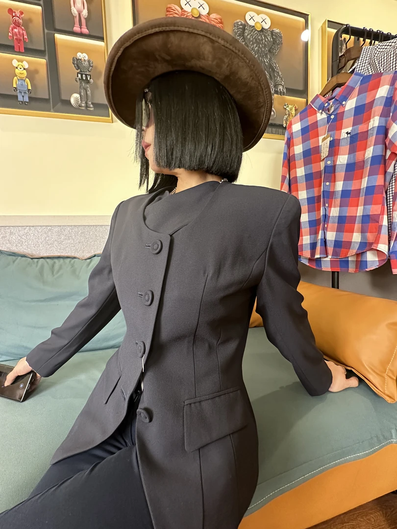 古着vintage藏蓝色日式单排扣西装外套女冬季收腰显瘦